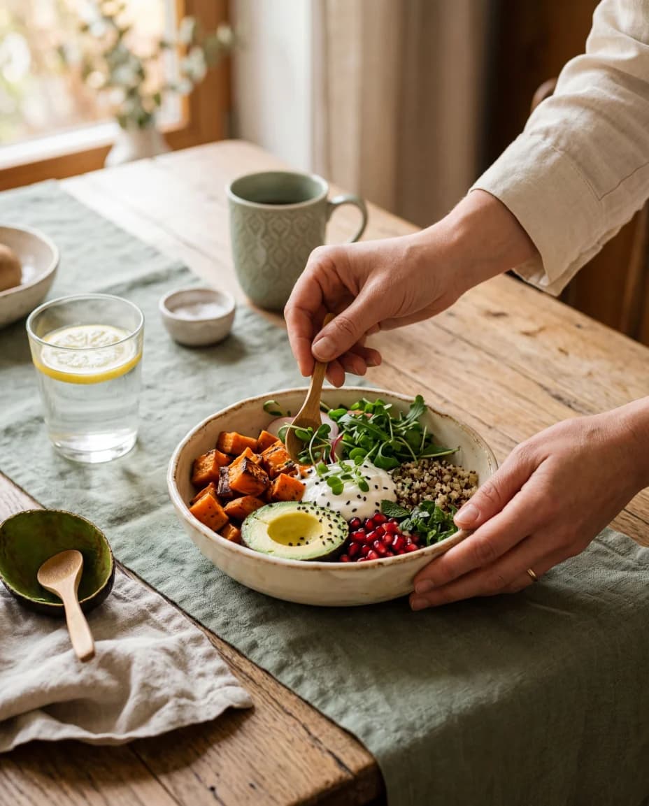 Ernährungsberatung – Hände richten eine farbenfrohe Buddha-Bowl an
